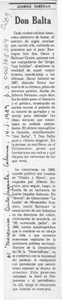 Don Balta  [artículo] Andrés Sabella.