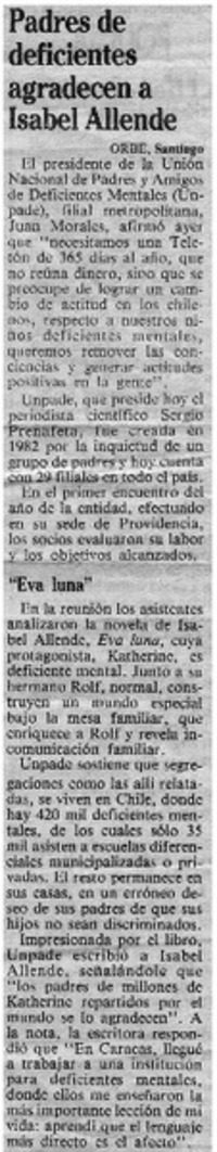 Padres de deficientes agradecen a Isabel Allende