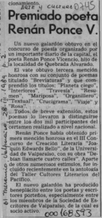 Premiado poeta Renán Ponce V.  [artículo].