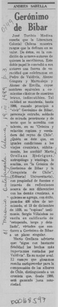 Gerónimo de Bibar  [artículo] Andrés Sabella.