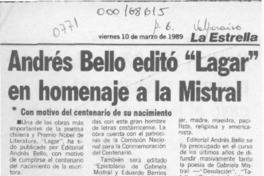 Andrés Bello editó "Lagar" en homenaje a la Mistral  [artículo].