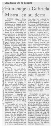 Homenaje a Gabriela Mistral en su tierra  [artículo] Mario Peña Carreño.