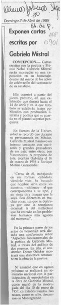 Exponen cartas escritas por Gabriela Mistral  [artículo].