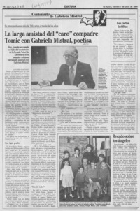 La larga amistad del "caro" compadre Tomic con Gabriela Mistral, poetisa