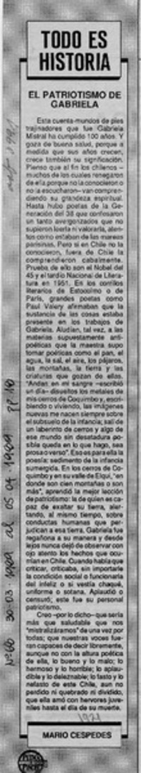 El patriotismo de Gabriela  [artículo] Mario Céspedes.