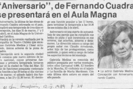 "Aniversario", de Fernando Cuadra, se presentará en el Aula Magna  [artículo].