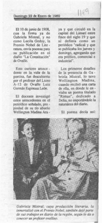 Profesor descubre poemas de Gabriela en diario ovallino  [artículo] Yair Carvajal.