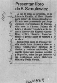 Presentan libro de E. Szmulewicz  [artículo].