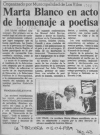 Marta Blanco en acto de homenaje a poetisa  [artículo] Samuel Altamirano.