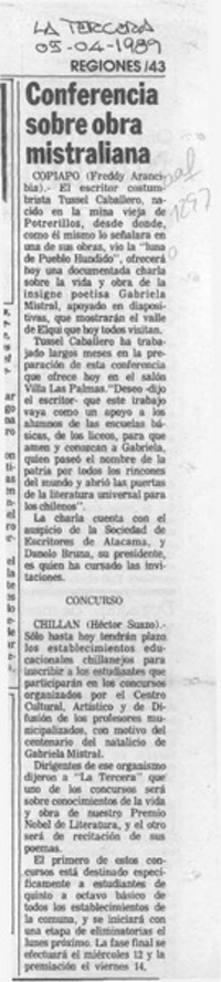 Conferencia sobre obra mistraliana  [artículo] Freddy Arancibia.