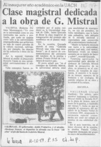 Clase magistral dedicada a la obra de G. Mistral  [artículo] Roberto Poblete Montenegro.