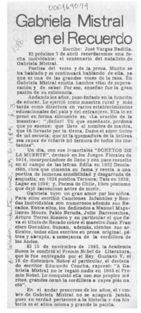 Gabriela Mistral en el recuerdo  [artículo] José Vargas Badilla.