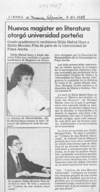 Nuevos magister en literatura otorgó universidad porteña  [artículo].