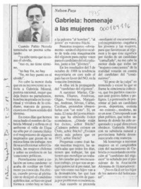 Gabriela, homenaje a las mujeres  [artículo] Nelson Pozo.