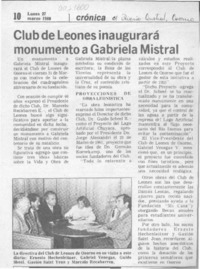 Club de Leones inaugurará monumento a Gabriela Mistral  [artículo].