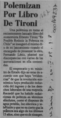 Polemizan por libro de Tironi  [artículo].