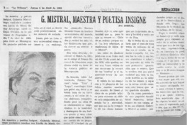 G. Mistral, maestra y poetisa insigne  [artículo] Joheal.