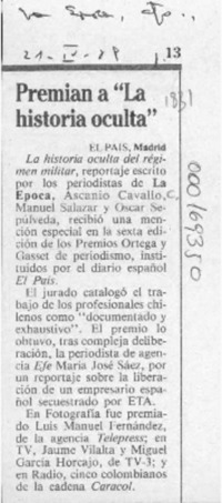 Premian a "La historia oculta"  [artículo].