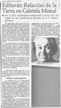 Editarán relación de la tierra en Gabriela Mistral  [artículo].