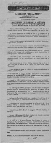 Biografía de Gabriela Mistral (en el natalicio de la ilustre poetisa)  [artículo].