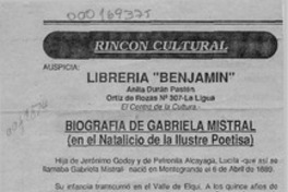 Biografía de Gabriela Mistral (en el natalicio de la ilustre poetisa)  [artículo].