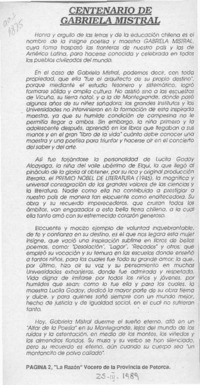Centenario de Gabriela Mistral  [artículo].