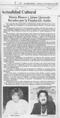 Marta Blanco y Jaime Quezada becados por la Fundación Andes  [artículo].