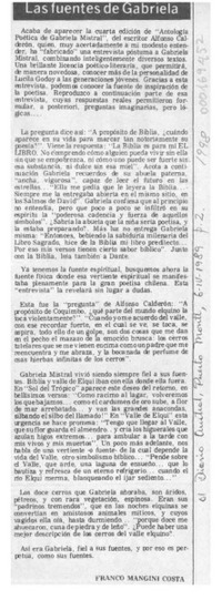 Las fuentes de Gabriela  [artículo] Franco Mangini Costa.