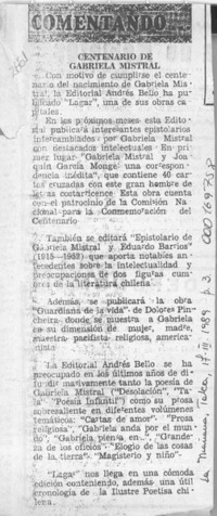 Centenario de Gabriela Mistral  [artículo].