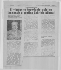 El Viernes es importante acto en homenaje a poetisa Gabriela Mistral
