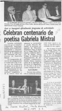Celebran centenario de poetisa Gabriela Mistral  [artículo].