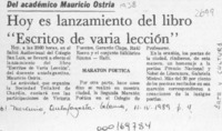 Hoy es lanzamiento del libro "Escritos de varia lección"  [artículo].