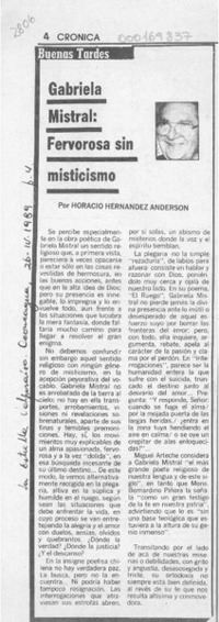 Gabriela Mistral, fervorosa sin misticismo  [artículo] Horacio Hernández Anderson.