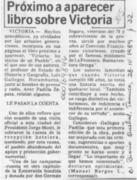 Próximo a aparecer libro sobre Victoria  [artículo] Manuel Burgos L.