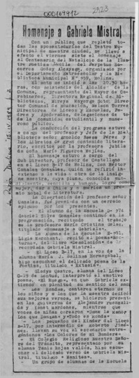 Homenaje a Gabriela Mistral  [artículo].