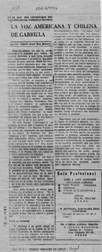 La voz americana y chilena de Gabriela  [artículo] Miguel Angel Roa Rioseco.