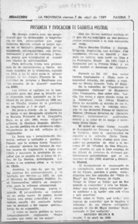 Presencia y evocación de Gabriela Mistral  [artículo] Arturo Mujica B.