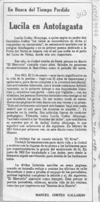 Lucila en Antofagasta  [artículo] Manuel Cortés Gallardo.