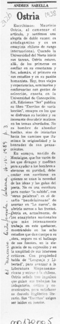 Ostria  [artículo] Andrés Sabella.