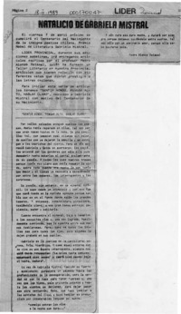 Natalicio de Gabriela Mistral  [artículo] Pedro Alonzo Retamal.