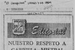 Nuestro respeto a Gabriela Mistral  [artículo].