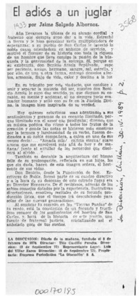 El adiós a un juglar  [artículo] Jaime Salgado Albornoz.