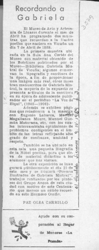 Recordando a Gabriela  [artículo] Paz Olea Carrillo.