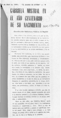 Gabriela Mistral en el año centenario de su nacimiento  [artículo].