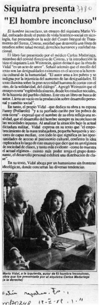 Siquiatra presenta "El hombre inconcluso"  [artículo].