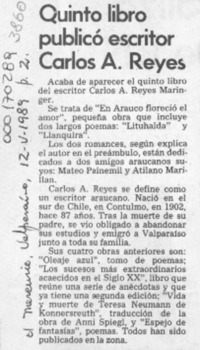 Quinto libro publicó escritor Carlos A. Reyes  [artículo].