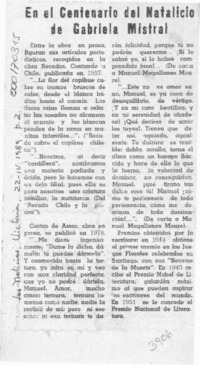 En el centenario del natalicio de Gabriela Mistral  [artículo].