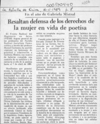 Resaltan defensa de los derechos de la mujer en vida de poetisa  [artículo].