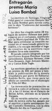 Entregarán premio María Luisa Bombal  [artículo].