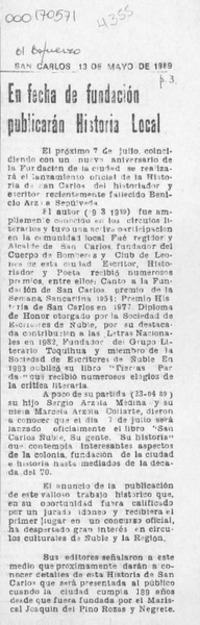 En fecha de fundación publicarán historia local  [artículo].